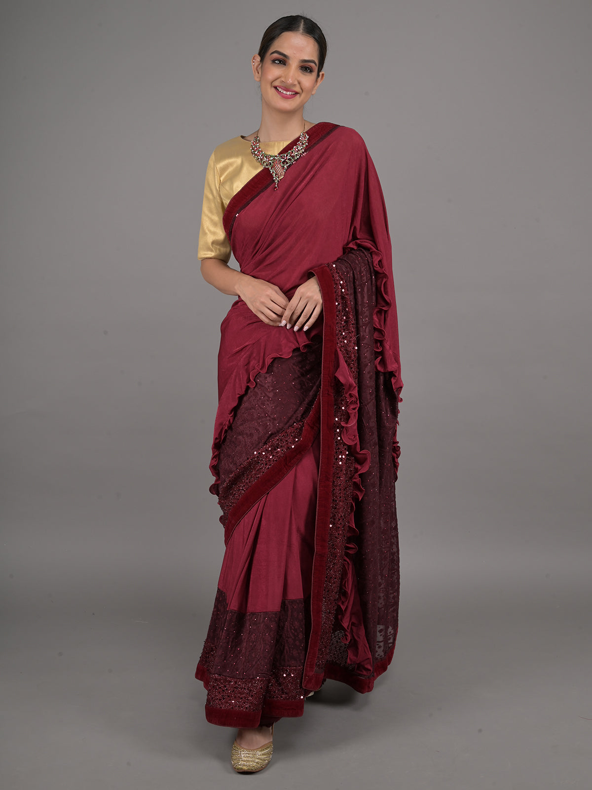 Odette Maroon Polyester Embellished Saree With Unstitched Blouse For Women