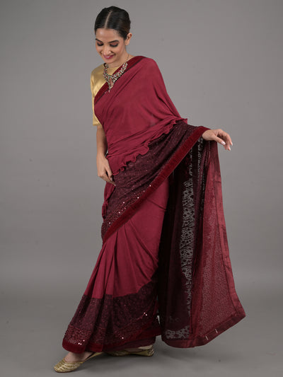 Odette Maroon Polyester Embellished Saree With Unstitched Blouse For Women