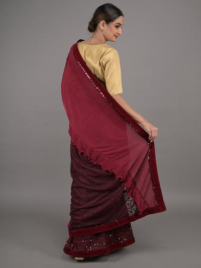 Odette Maroon Polyester Embellished Saree With Unstitched Blouse For Women