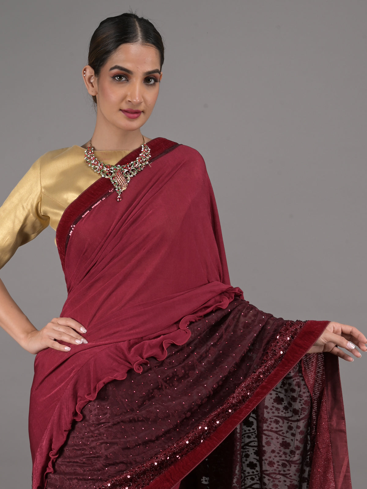 Odette Maroon Polyester Embellished Saree With Unstitched Blouse For Women