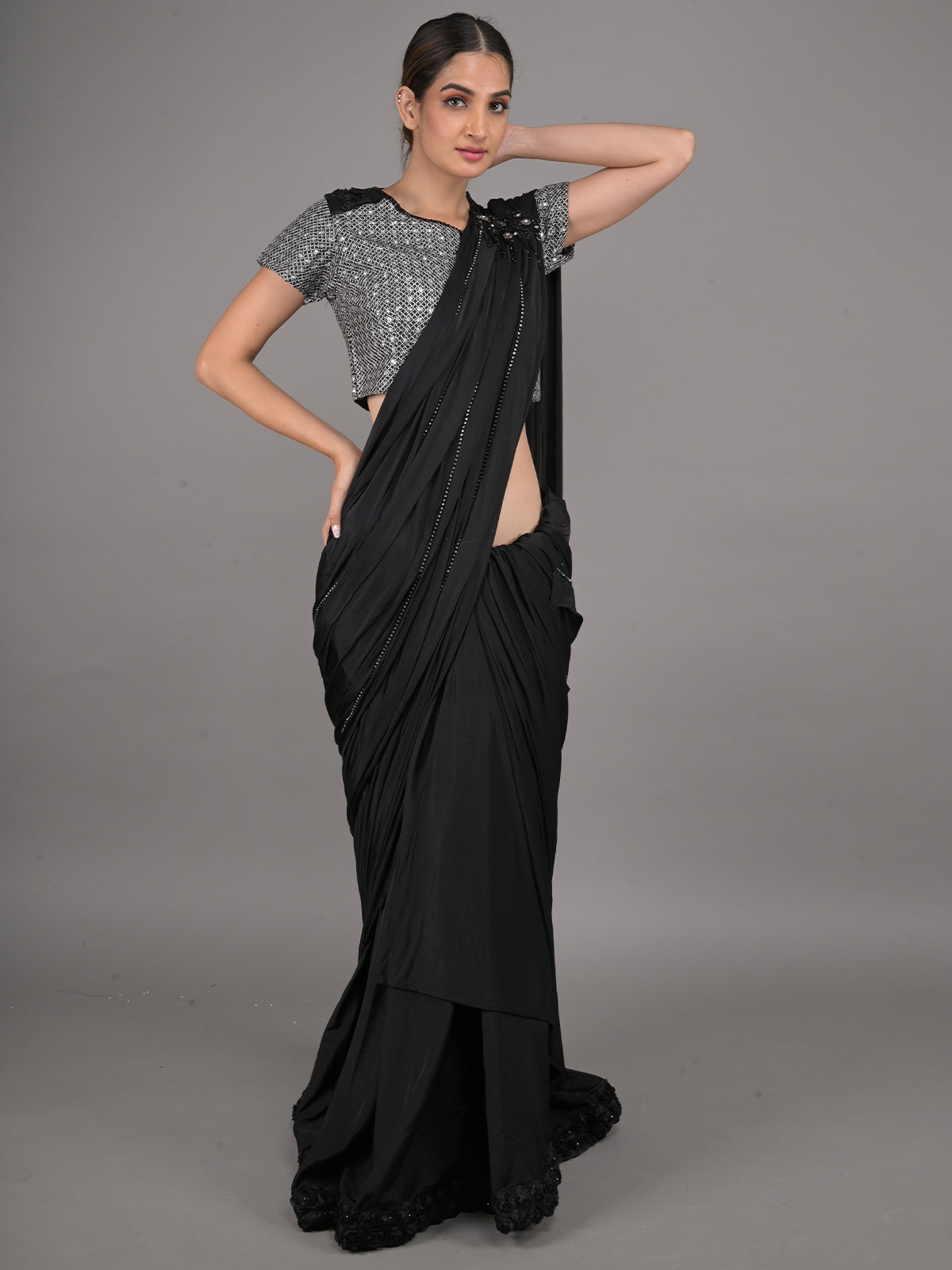 Odette Black Embroidered Ready-To-Wear Polyester Saree With Stitched Blouse For Women