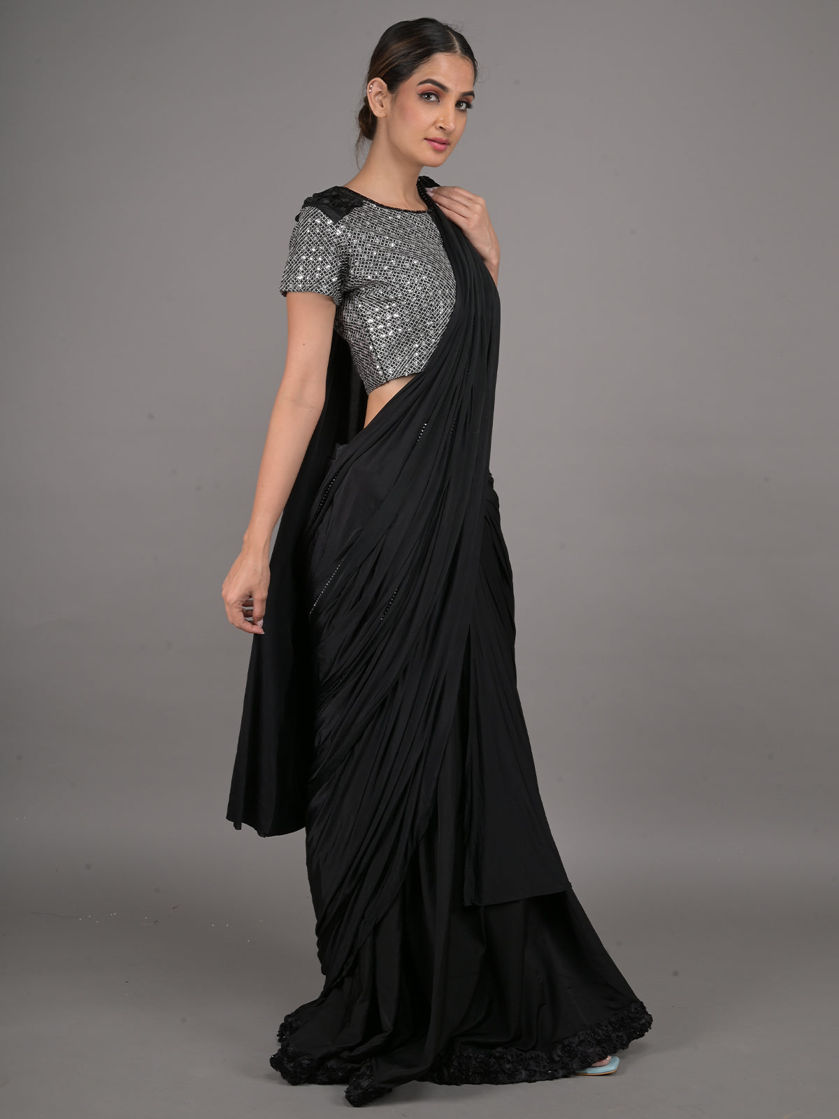 Odette Black Embroidered Ready-To-Wear Polyester Saree With Stitched Blouse For Women