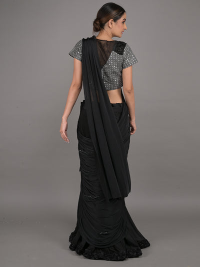 Odette Black Embroidered Ready-To-Wear Polyester Saree With Stitched Blouse For Women