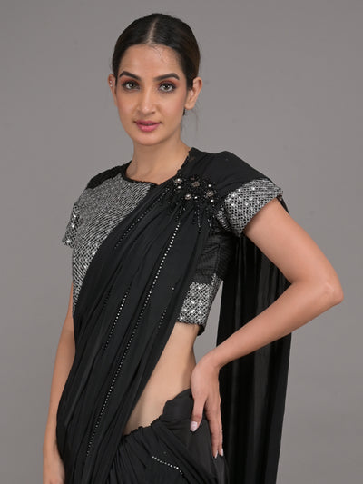 Odette Black Embroidered Ready-To-Wear Polyester Saree With Stitched Blouse For Women