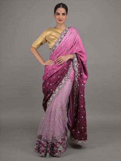 Odette Purple Embroidered Satin Saree with Unstitched Blouse for Women