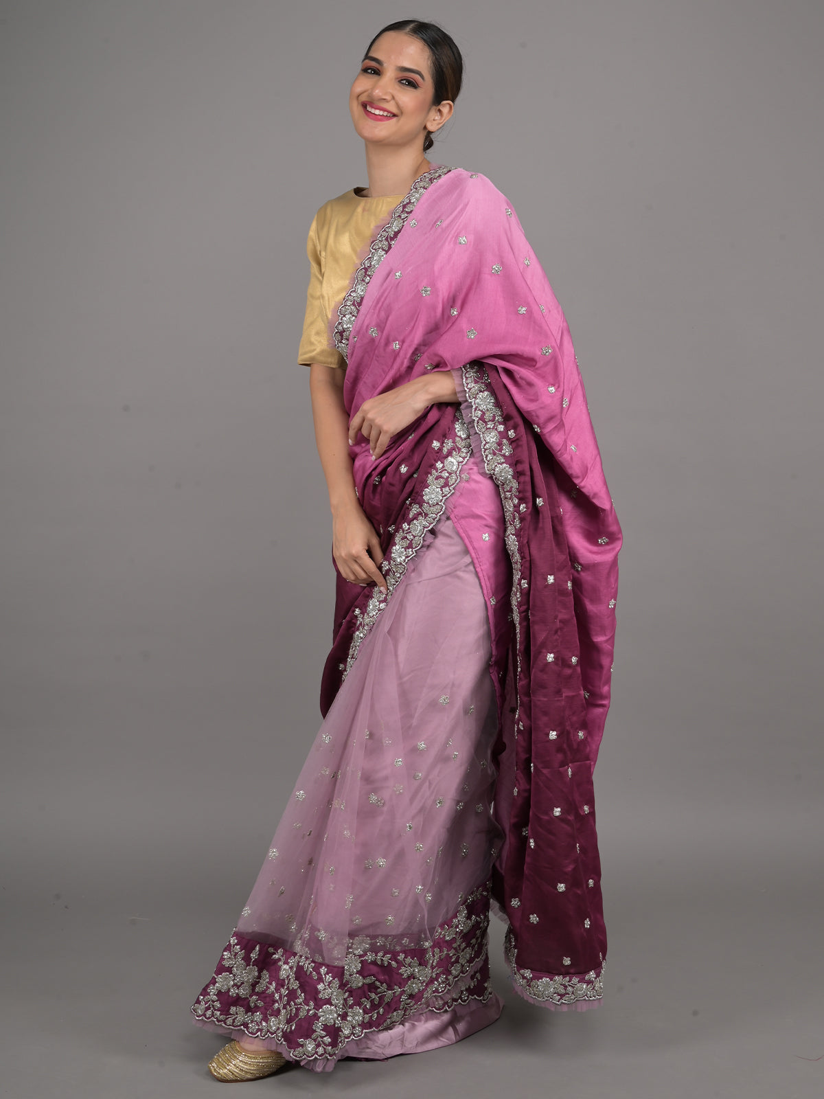 Odette Purple Embroidered Satin Saree with Unstitched Blouse for Women