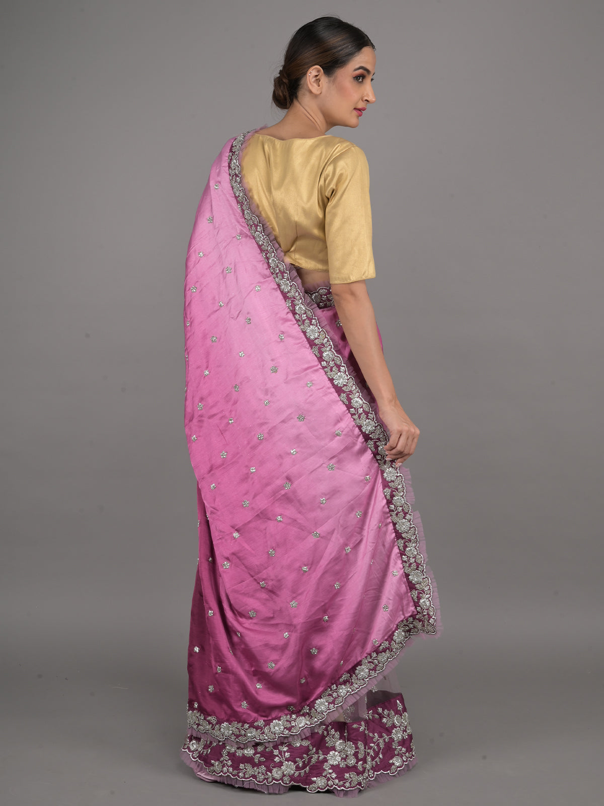 Odette Purple Embroidered Satin Saree with Unstitched Blouse for Women