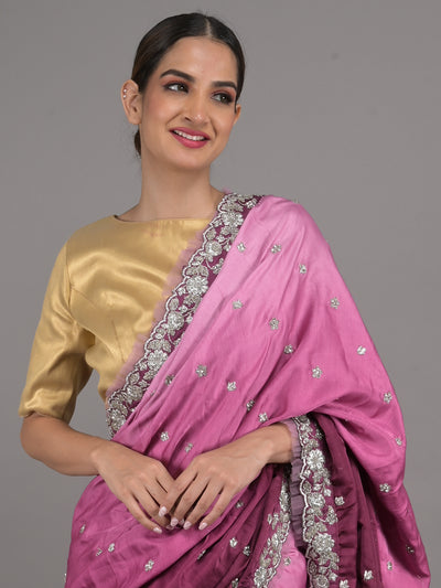 Odette Purple Embroidered Satin Saree with Unstitched Blouse for Women