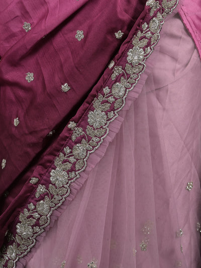Odette Purple Embroidered Satin Saree with Unstitched Blouse for Women