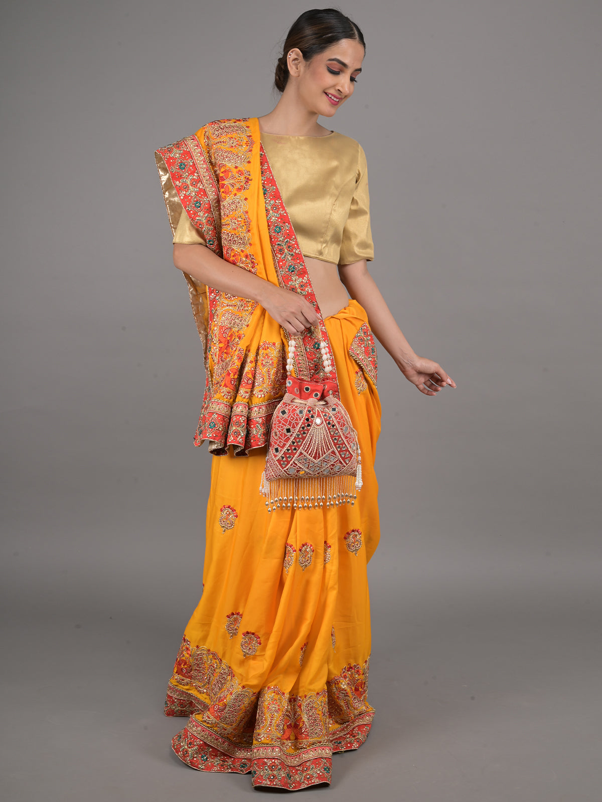 Odette Yellow and Red Peacock Embroidered Silk Blend Saree with Unstitched Blouse for Women