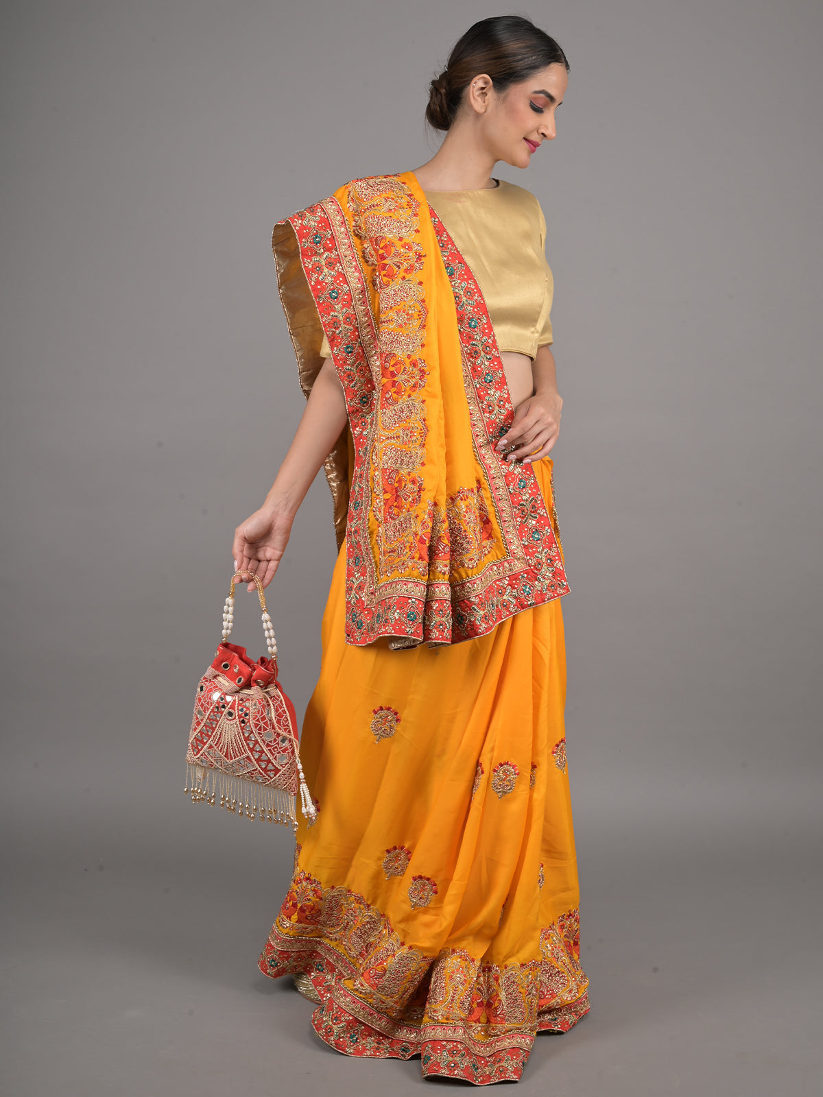 Odette Yellow and Red Peacock Embroidered Silk Blend Saree with Unstitched Blouse for Women