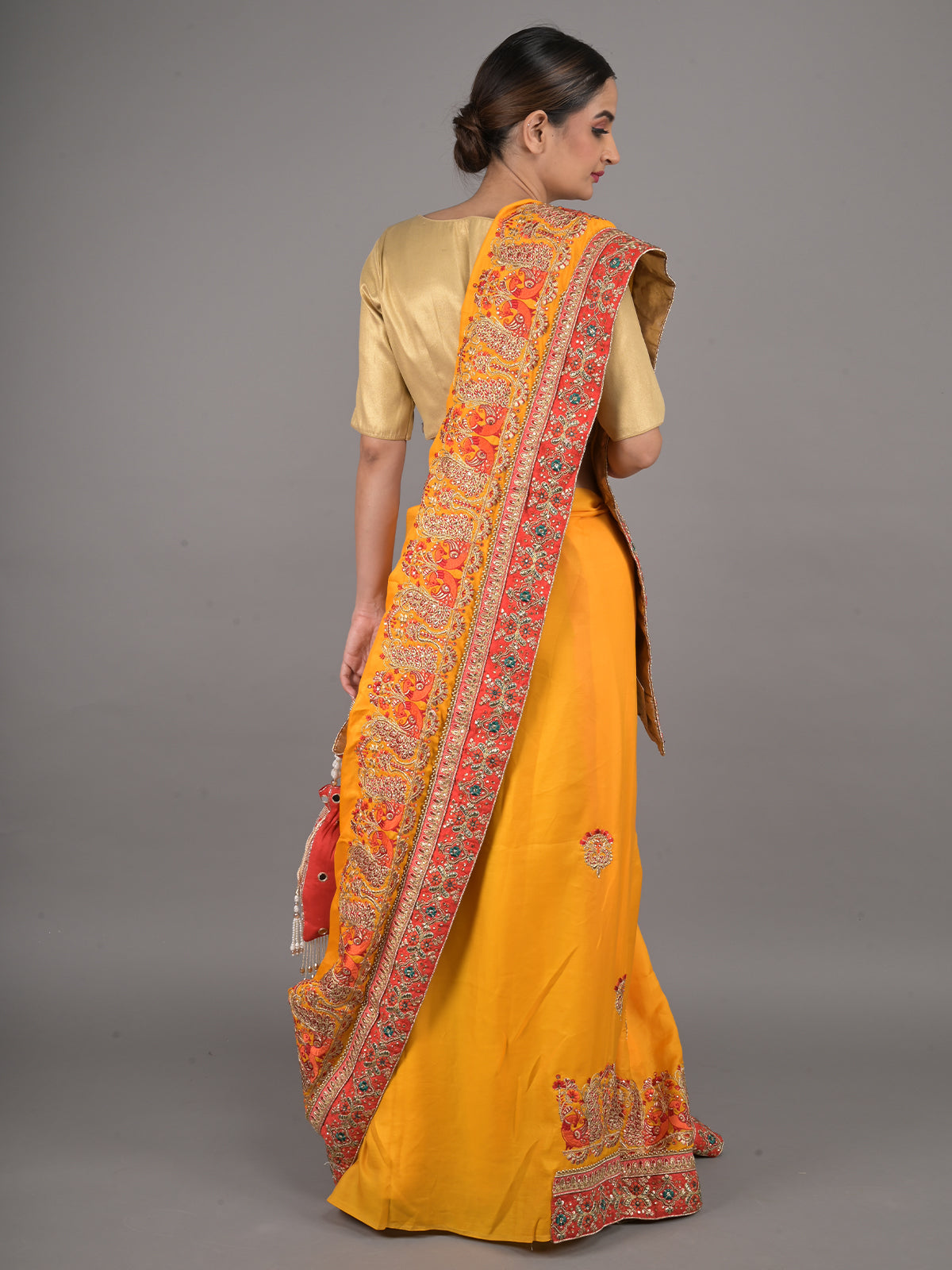 Odette Yellow and Red Peacock Embroidered Silk Blend Saree with Unstitched Blouse for Women