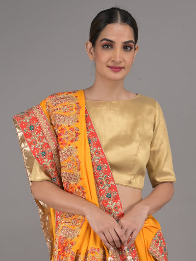 Odette Yellow and Red Peacock Embroidered Silk Blend Saree with Unstitched Blouse for Women