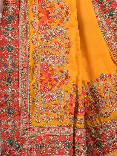 Odette Yellow and Red Peacock Embroidered Silk Blend Saree with Unstitched Blouse for Women