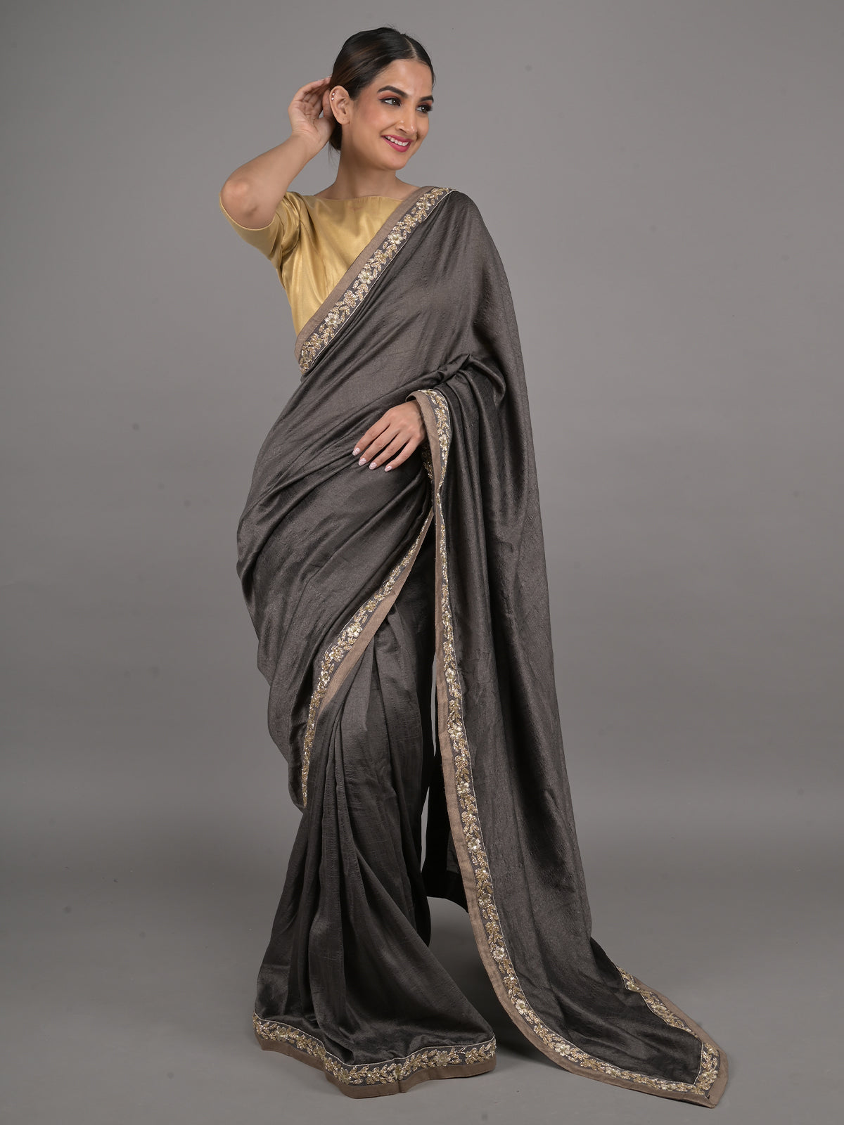 Odette Dark Grey Silk Blend Embroidered Saree With Unstitched Blouse For Women