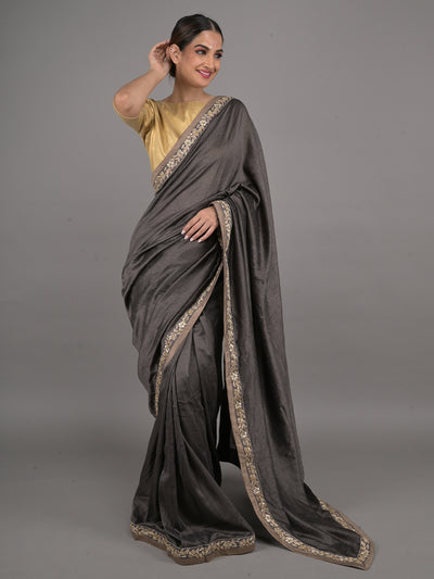 Odette Dark Grey Silk Blend Embroidered Saree With Unstitched Blouse For Women