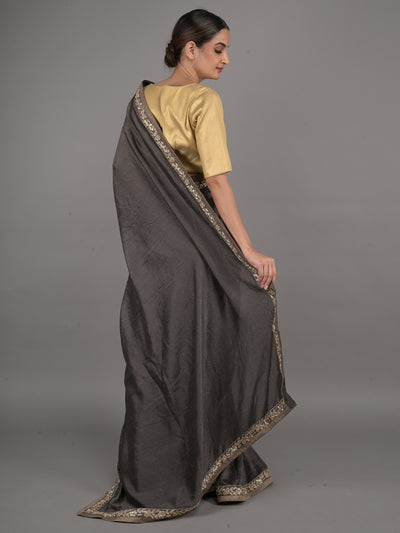 Odette Dark Grey Silk Blend Embroidered Saree With Unstitched Blouse For Women