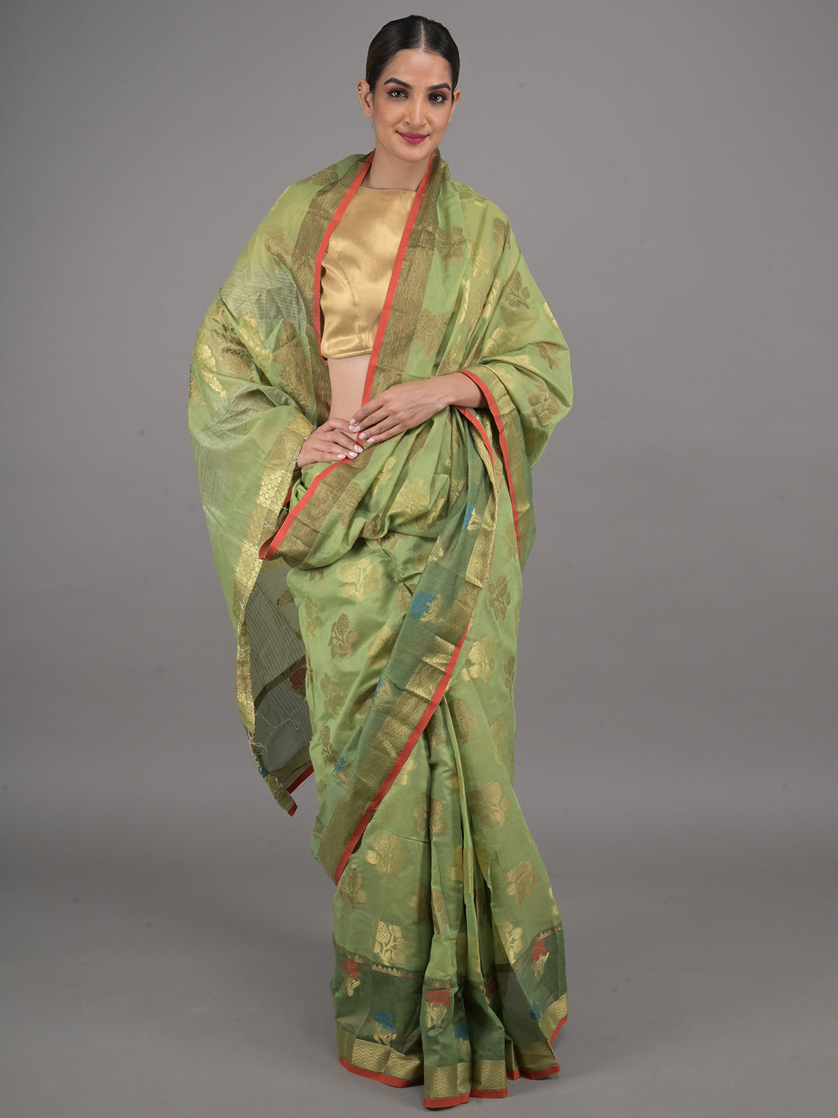 Odette Light Green Woven Cotton Blend Saree with Unstitched Blouse for Women