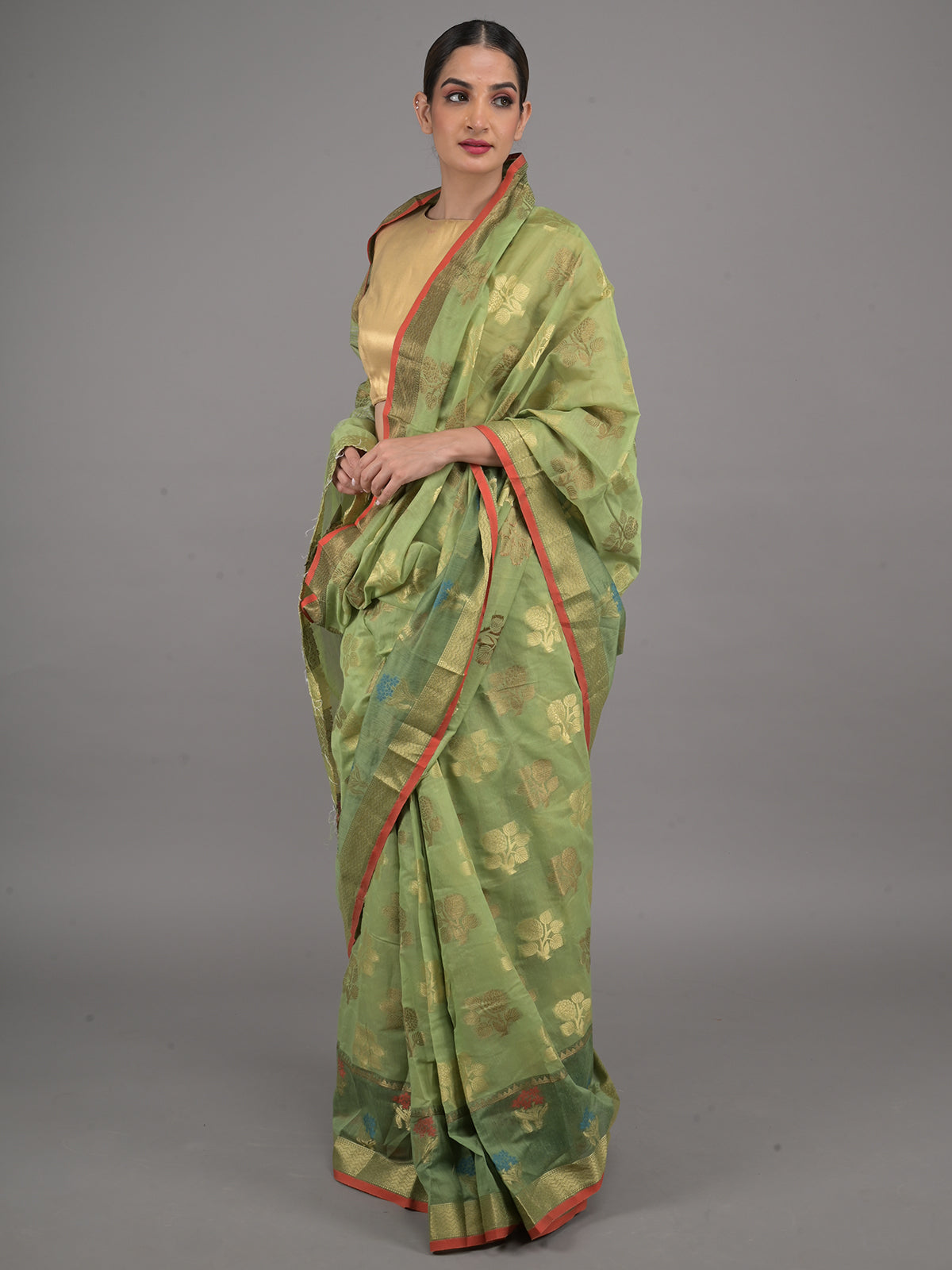 Odette Light Green Woven Cotton Blend Saree with Unstitched Blouse for Women