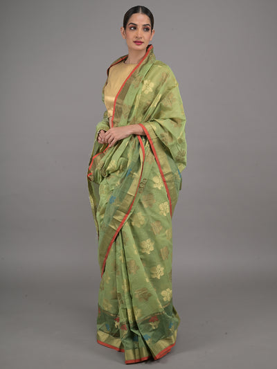 Odette Light Green Woven Cotton Blend Saree with Unstitched Blouse for Women