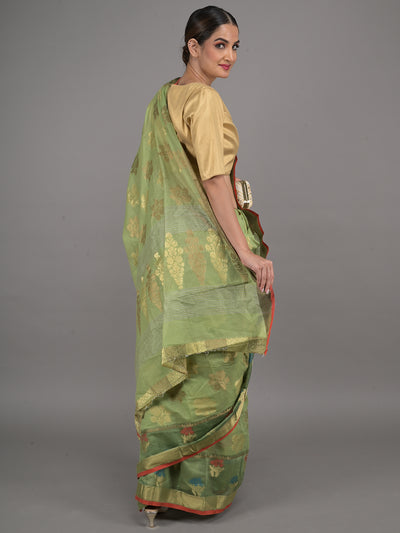 Odette Light Green Woven Cotton Blend Saree with Unstitched Blouse for Women