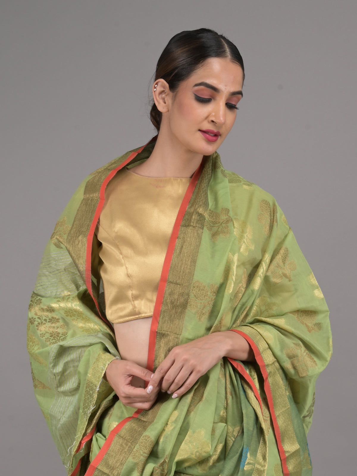 Odette Light Green Woven Cotton Blend Saree with Unstitched Blouse for Women