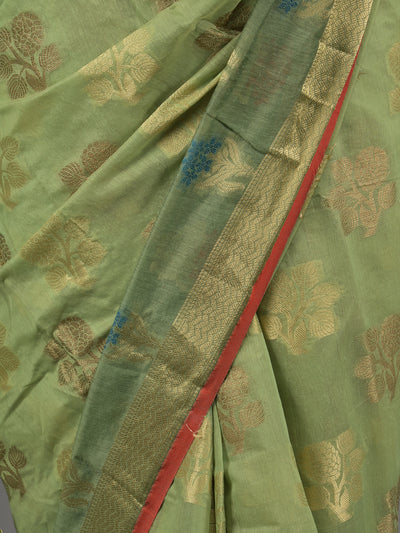 Odette Light Green Woven Cotton Blend Saree with Unstitched Blouse for Women