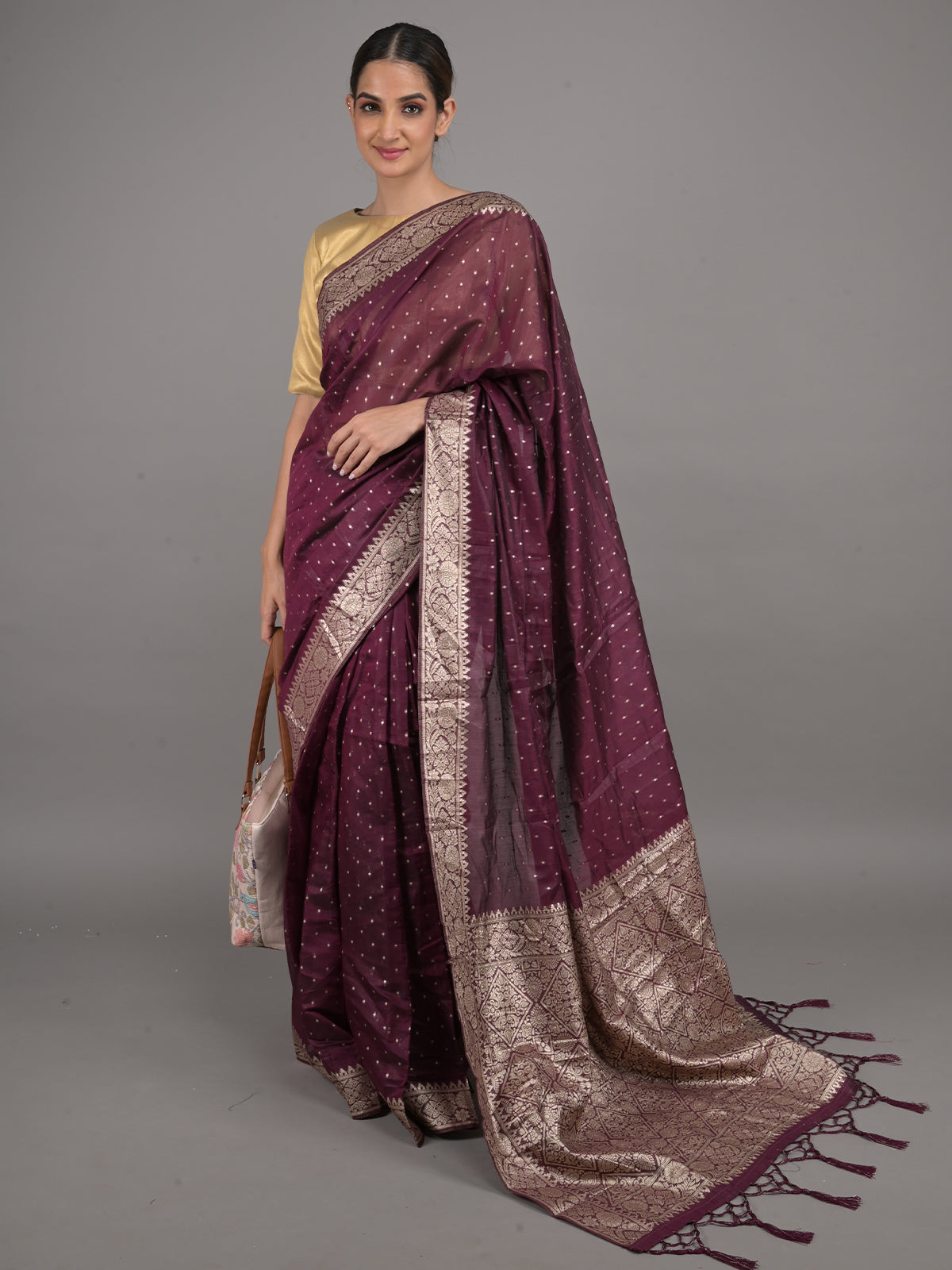 Odette Deep Purple Silk Blend Woven Saree With Unstitched Blouse For Women