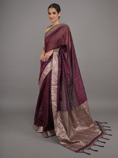 Odette Deep Purple Silk Blend Woven Saree With Unstitched Blouse For Women