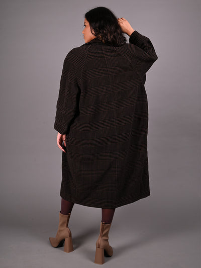 Odette Black and Brown Patterned Woollen Overcoat for Women