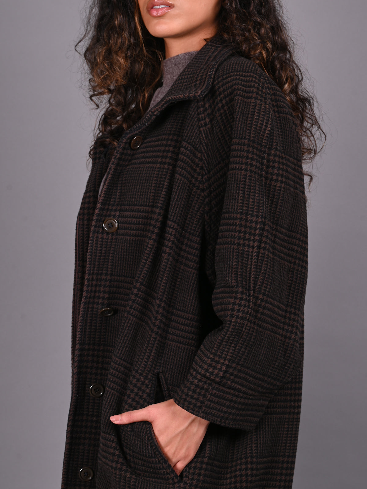 Odette Black and Brown Patterned Woollen Overcoat for Women