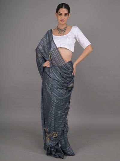 Odette Grey Georgette Woven Saree With Unstitched Blouse For Women