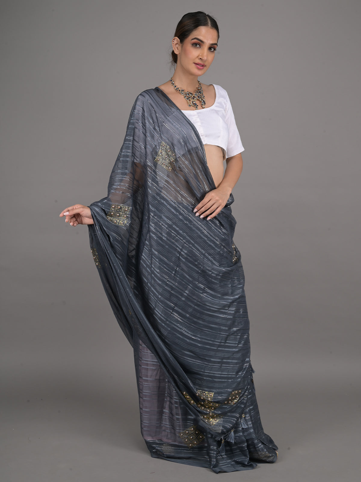 Odette Grey Georgette Woven Saree With Unstitched Blouse For Women