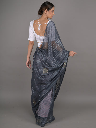 Odette Grey Georgette Woven Saree With Unstitched Blouse For Women