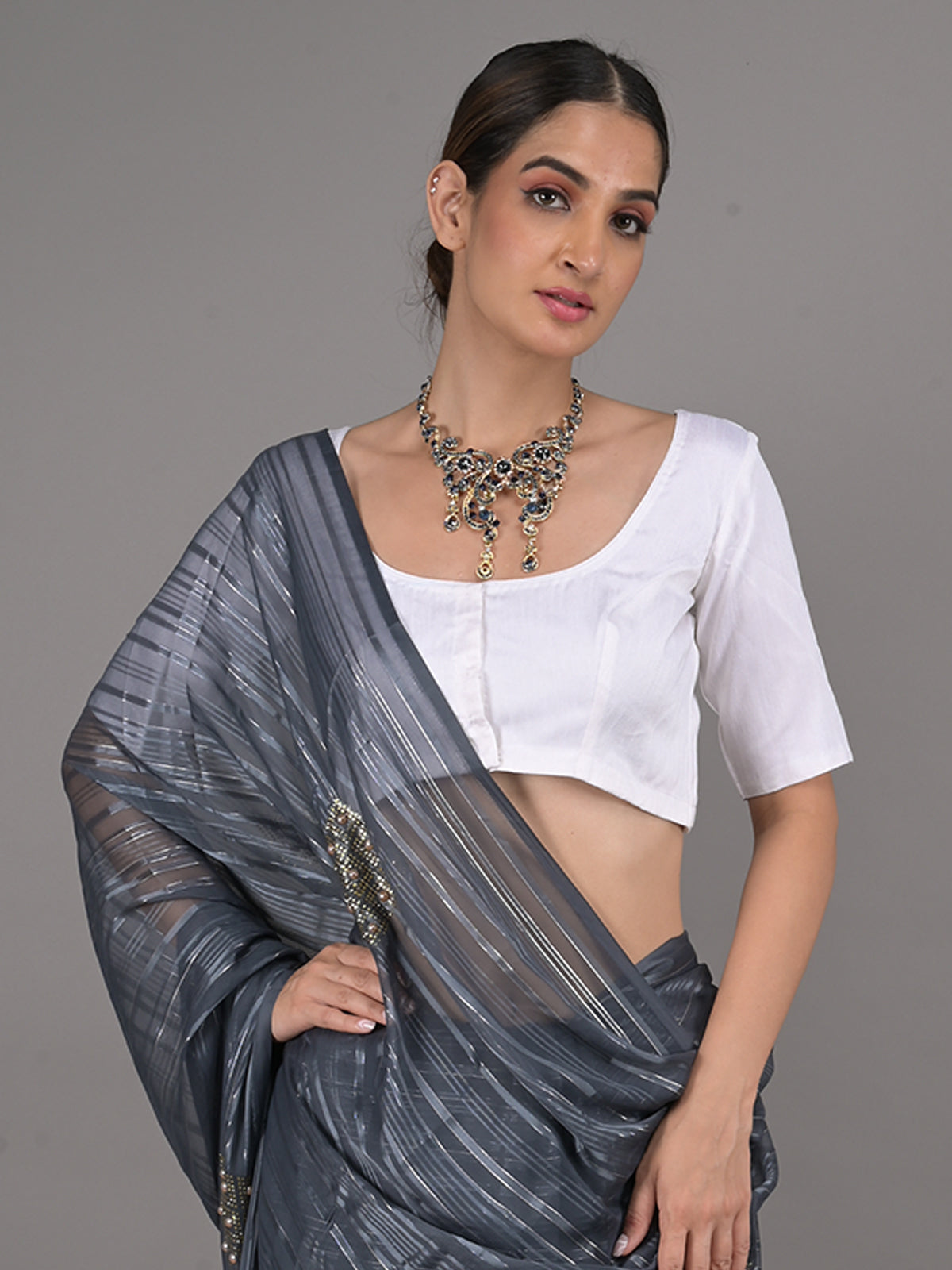 Odette Grey Georgette Woven Saree With Unstitched Blouse For Women