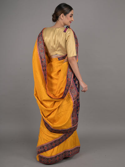 Odette Mustard Embroidered Crepe Silk Saree with Unstitched Blouse for Women