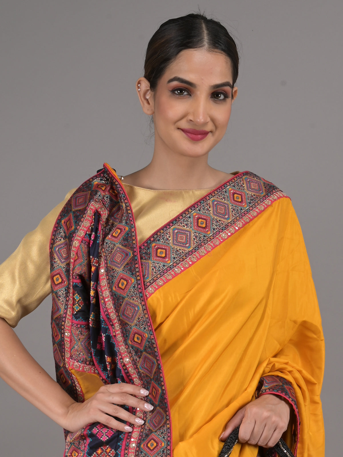 Odette Mustard Embroidered Crepe Silk Saree with Unstitched Blouse for Women