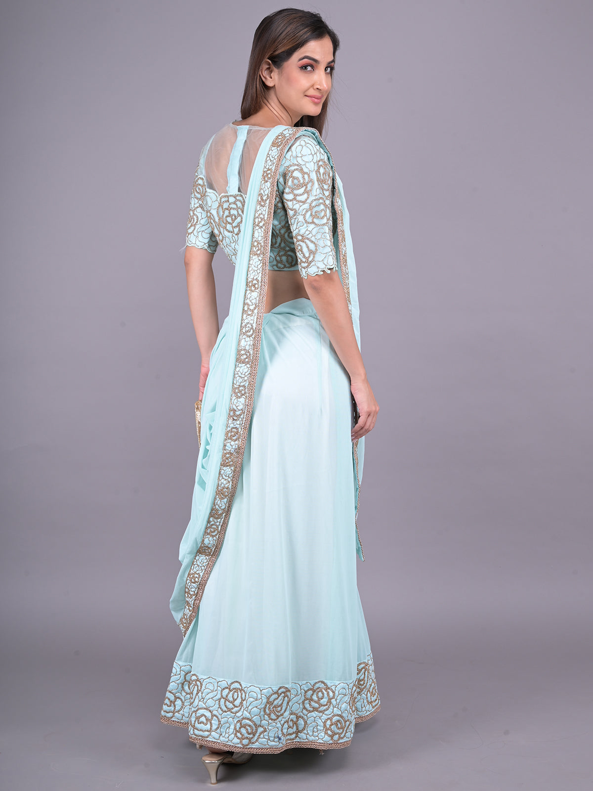 Odette Light Blue Embroidered Ready-To-Wear Saree With Stitched Blouse For Women