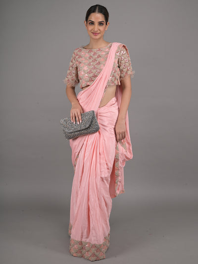 Odette Peach Ready to Wear Embroidered Chinnon Saree with Stitched Blouse for Women