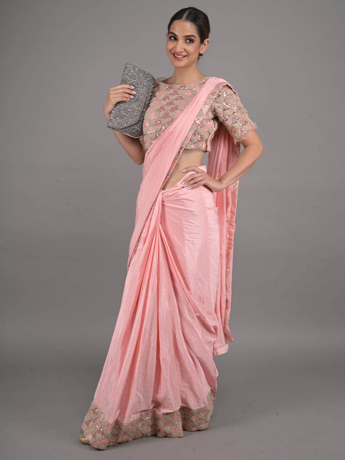 Odette Peach Ready to Wear Embroidered Chinnon Saree with Stitched Blouse for Women