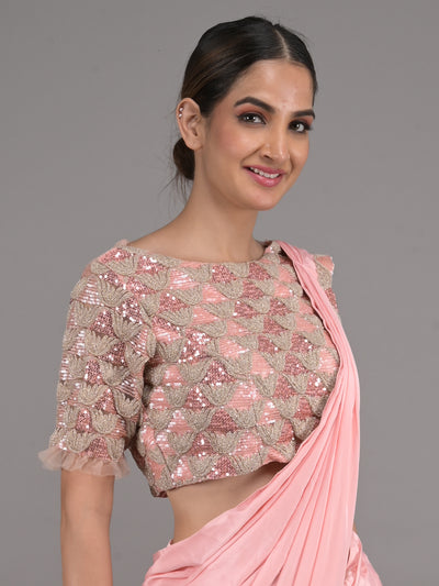 Odette Peach Ready to Wear Embroidered Chinnon Saree with Stitched Blouse for Women