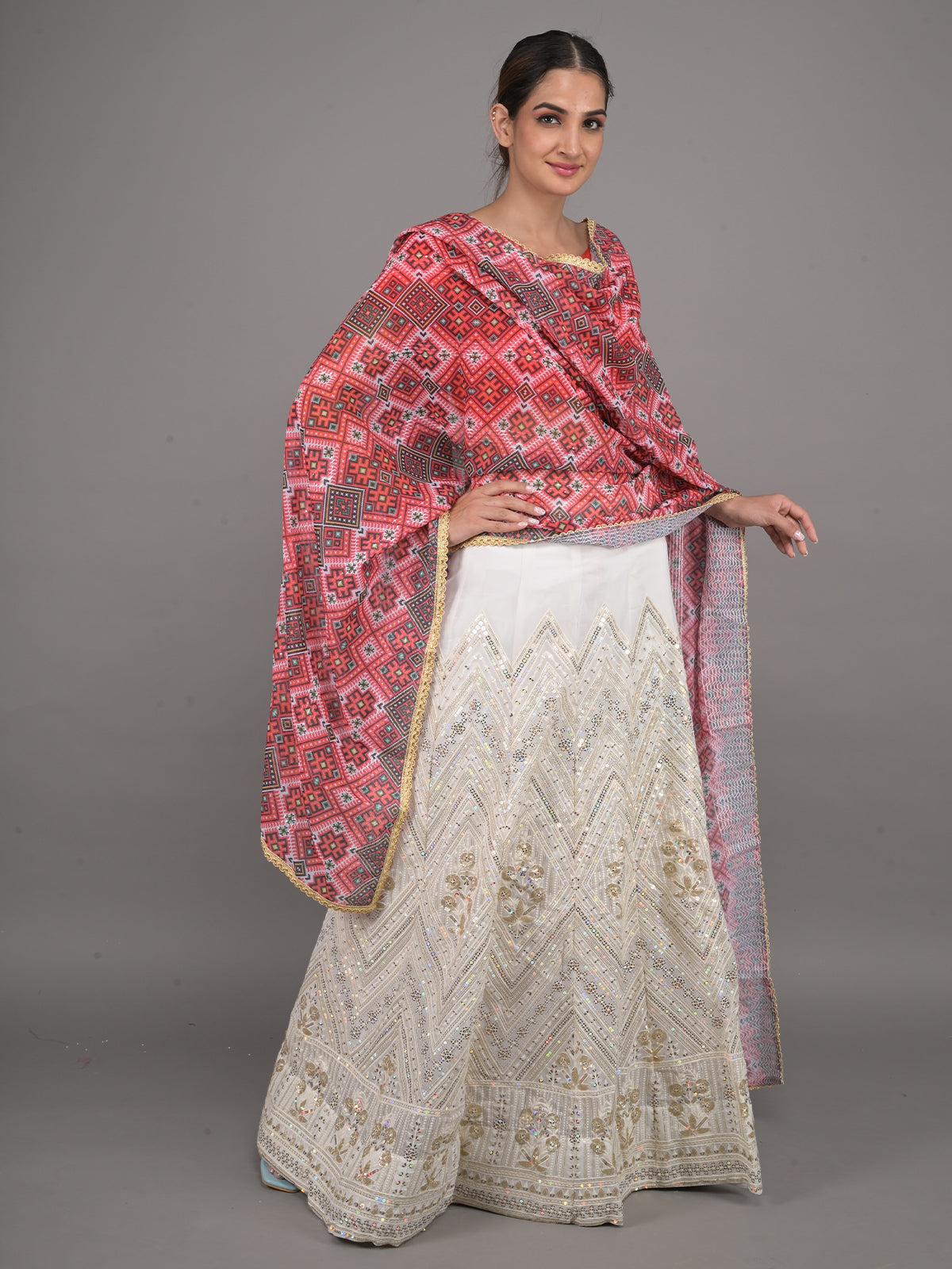 Odette White Embroidered Georgette Semi Stitched Lehenga With Unstitched Blouse For Women