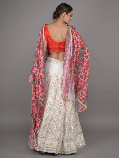 Odette White Embroidered Georgette Semi Stitched Lehenga With Unstitched Blouse For Women