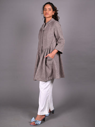 Odette Grey Fit and Flare Woollen Overcoat for Women