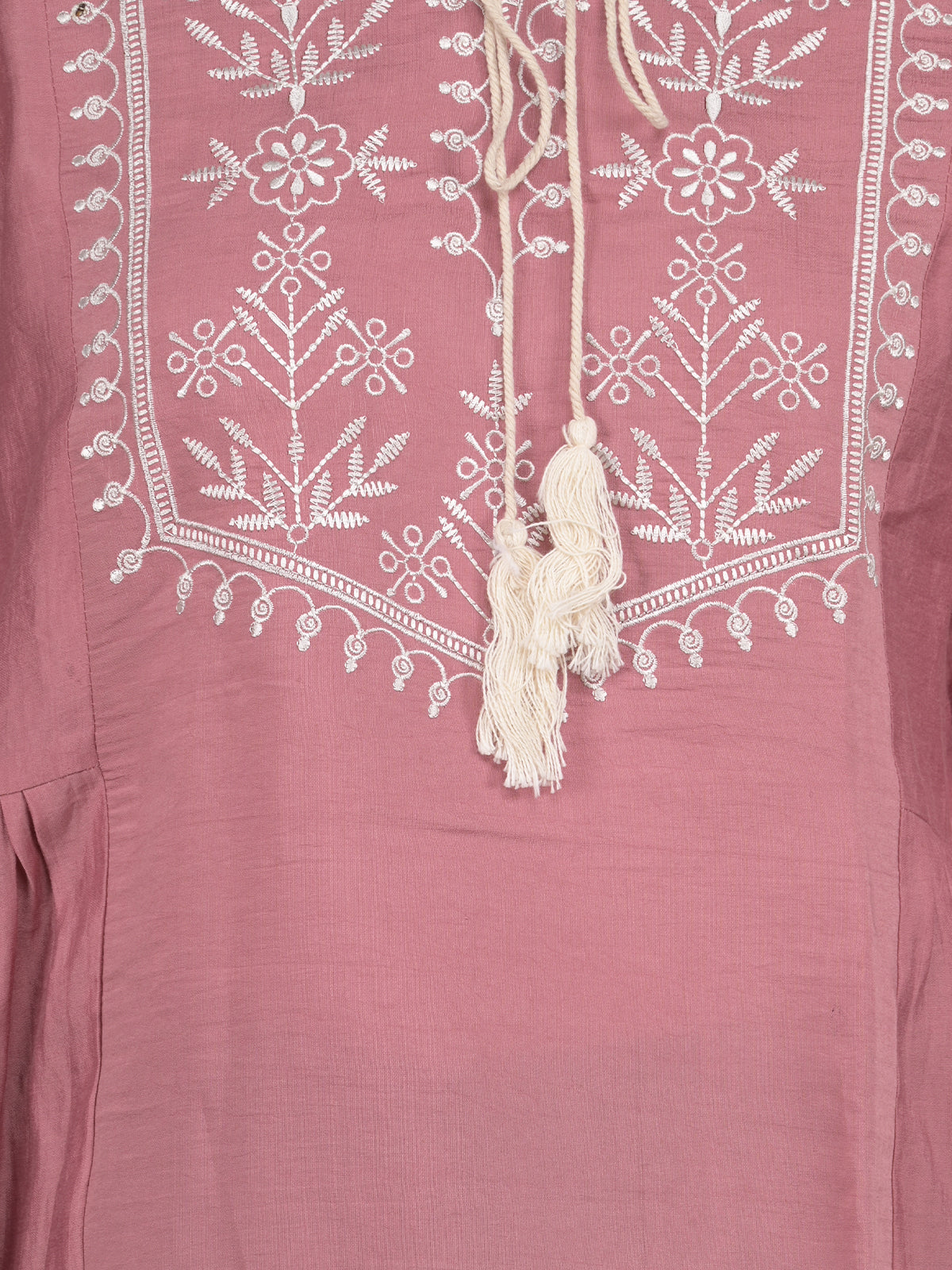 Odette Peach Embroidered Cotton Kurti for Women