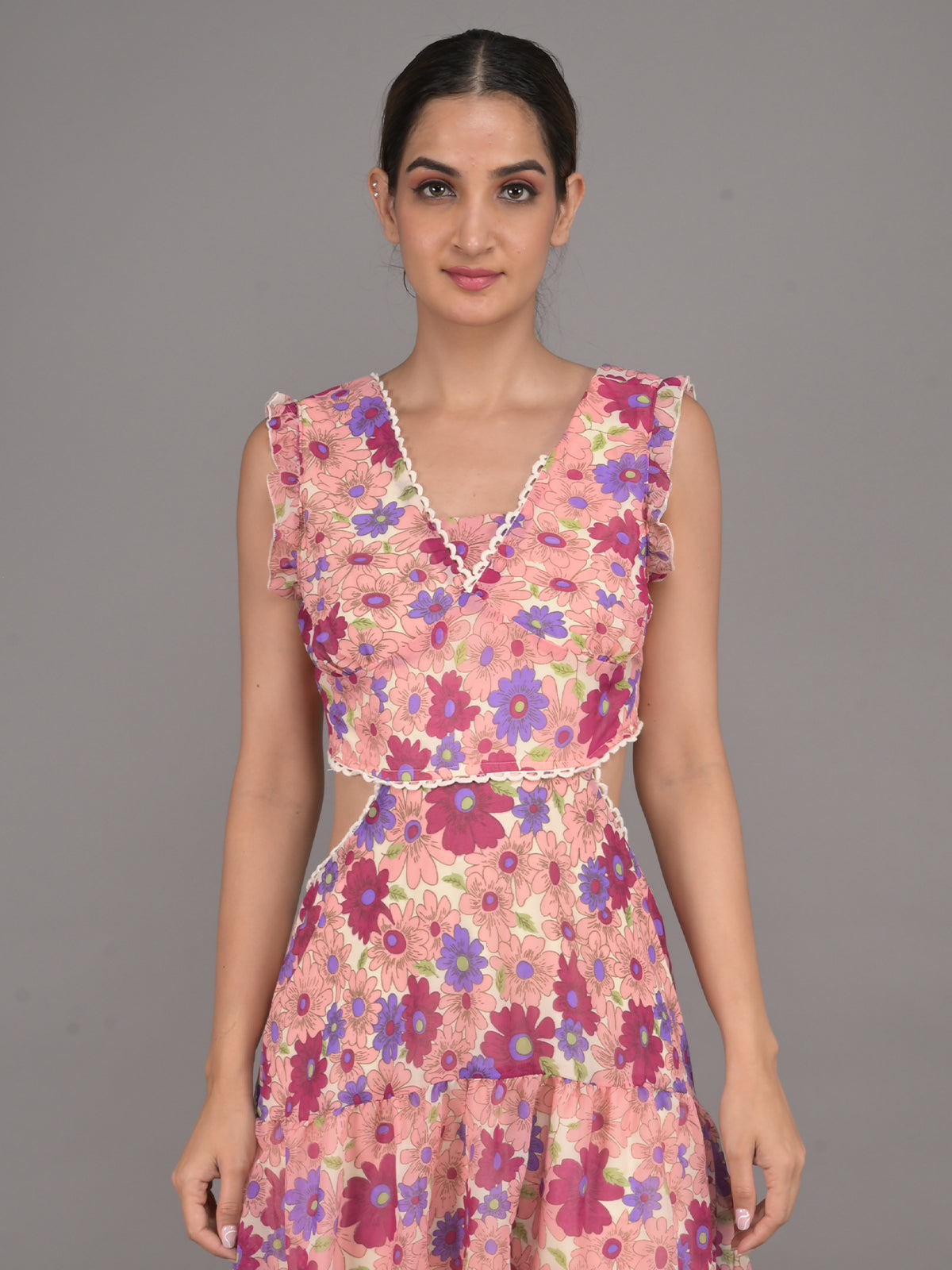 Odette Peach Floral Printed Cut-Out Tiered Fit & Flare Stitched Dress for Women