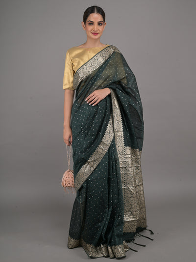 Odette Dark Green Silk Blend Woven Saree With Unstitched Blouse For Women