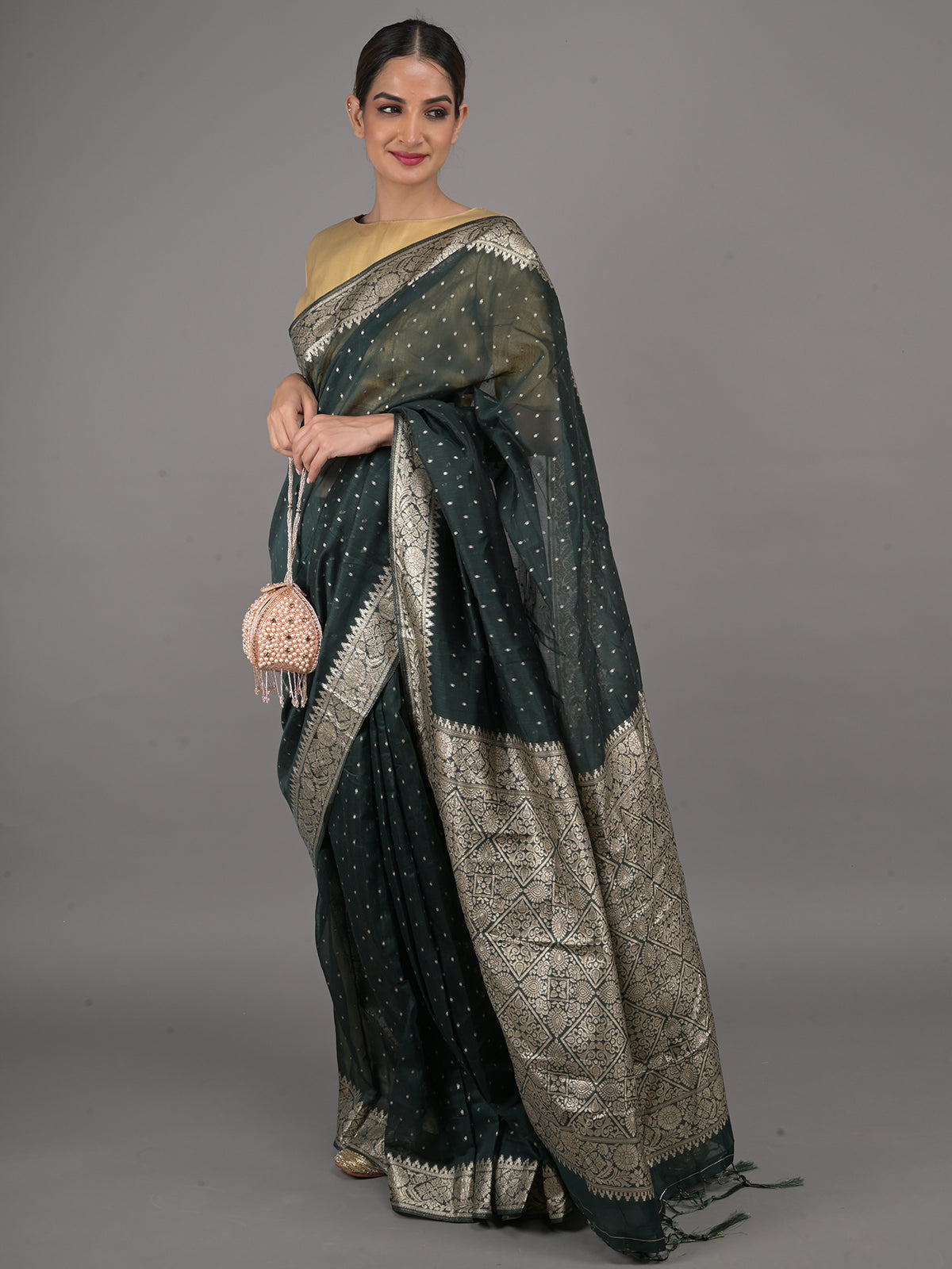Odette Dark Green Silk Blend Woven Saree With Unstitched Blouse For Women