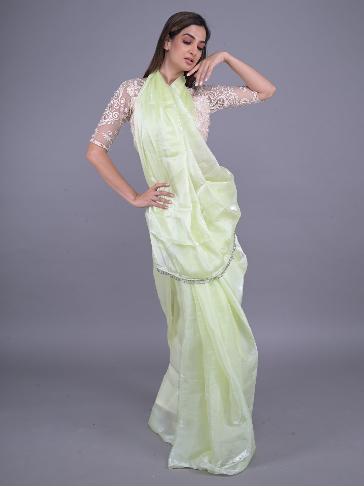 Odette Lime Green Silk Blend Woven Saree With Unstitched Blouse For Women