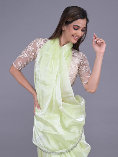 Odette Lime Green Silk Blend Woven Saree With Unstitched Blouse For Women